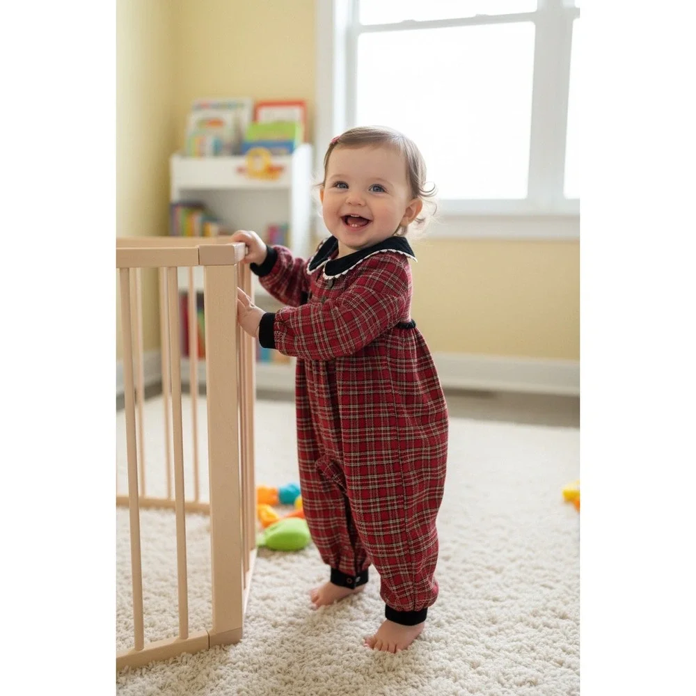 Vintage  y2k Bonnie Baby Red Plaid Velvet Trim Romper Holiday 18 Months